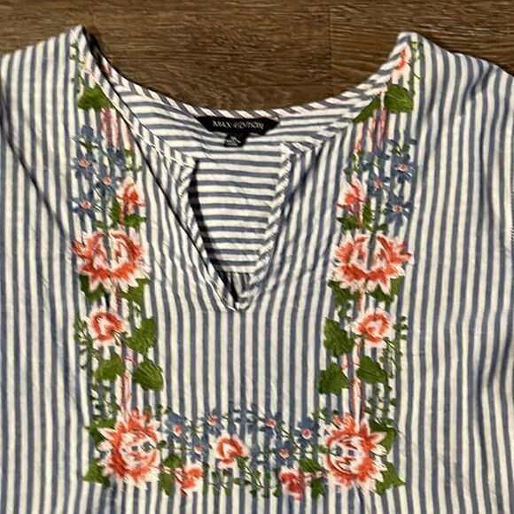 Max Edition Blue Striped Blouse with Floral Embroidery - Picture 2 of 6
